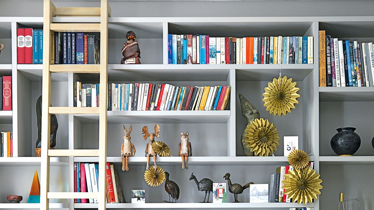 Built in shelving with books and ornaments