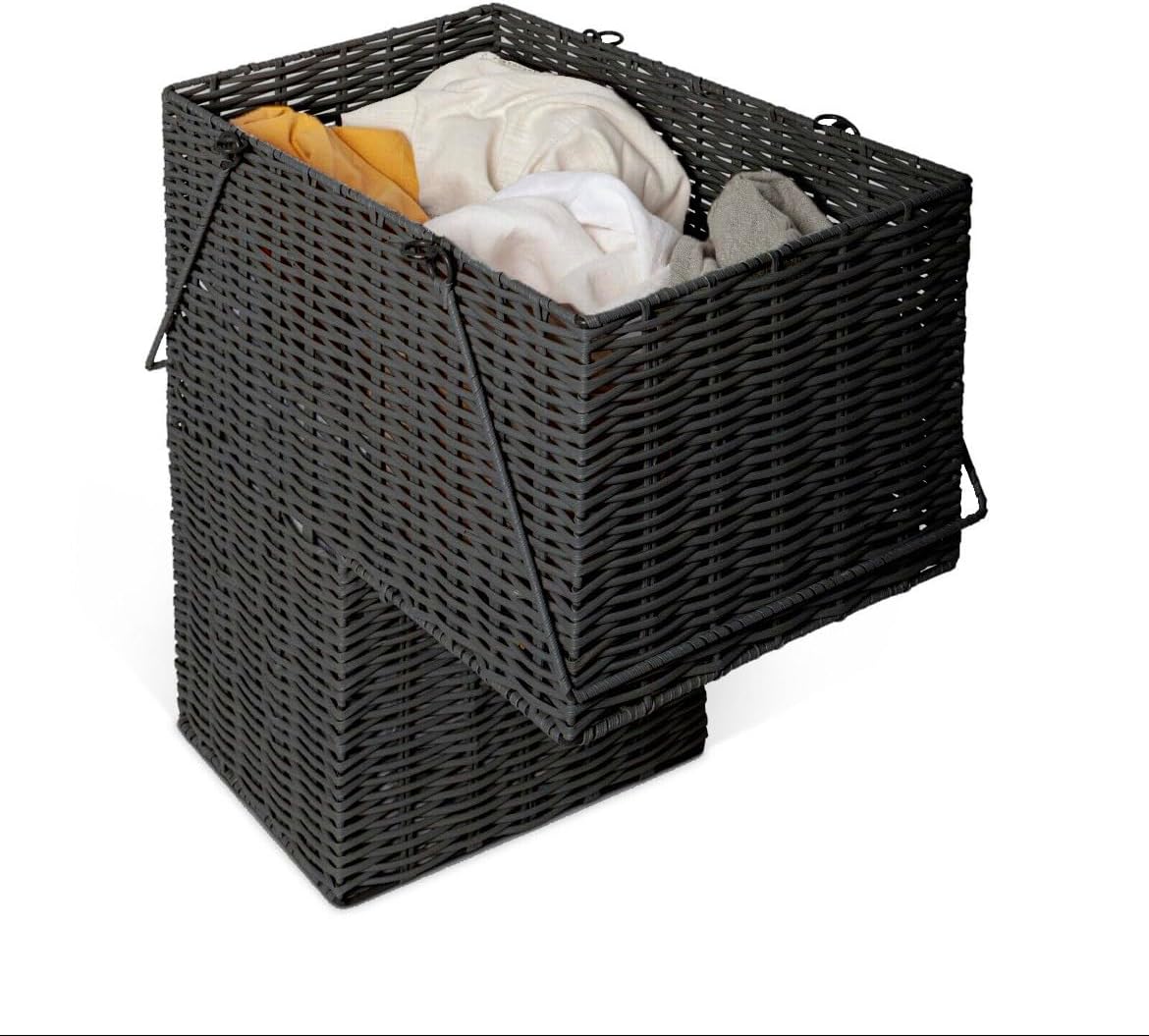 Vencier Natural Woven Wicker Resin Basket Made for Stairs - Storage Organiser for Laundry, Slippers, Shoes, Blankets, Toys &amp;ndash; Easy to Carry (black)