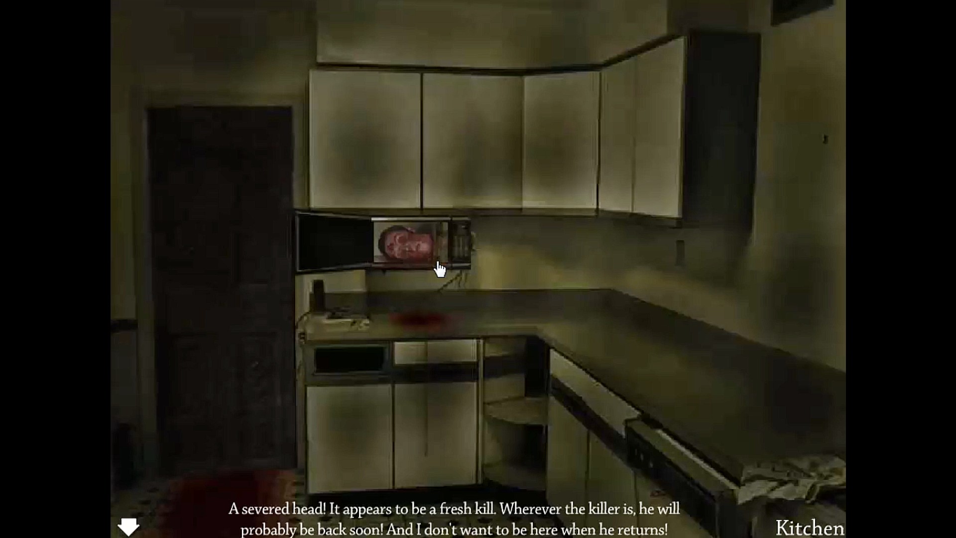 Exmortis screenshot of a kitchen with a head in the microwave