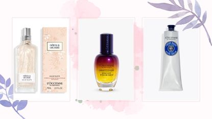 A selection of the best L'Occitane Cyber Monday deals on a pale pink background with pink and purple floral graphics.