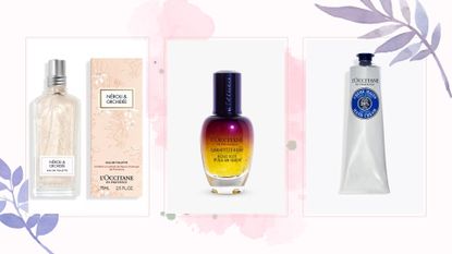 A selection of the best L&#039;Occitane Cyber Monday deals on a pale pink background with pink and purple floral graphics.