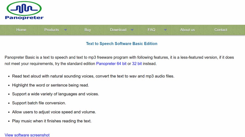 Website screenshot of Panopreter Basic (January, 2026)