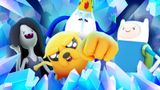 Jake, Finn, Marceline, and The Ice King punch their way through a wall of ice in a promotional image for Adventure Time RPG on Roblox.