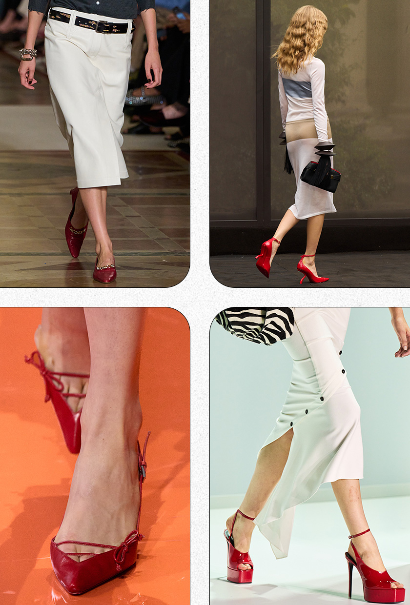 Heel color trends for 2026 are shown in a collage of runway and street-style images, featuring the chili pepper red heel color. On the top right, a close photo depicts a model walking down the Tory Burch runway wearing a low-slung white pencil skirt with a two-tone belt, gold chain bracelet, and red pointed pumps adorned with a gold chain. On the top left, a photo shows a model from Ferragamo's spring runway show walking away from the camera wearing a white striped dress with wood bangles, a black clutch bag, and red pointed ankle strap pumps. On the bottom right, a photo depicts a model walking down Attico's runway show wearing a white asymmetrical dress, a zebra handbag, and red peep-toe platform pumps. On the bottom left, a close photo shows a model at Prada's spring show wearing bright red pointed kitten heels adorned with bows.