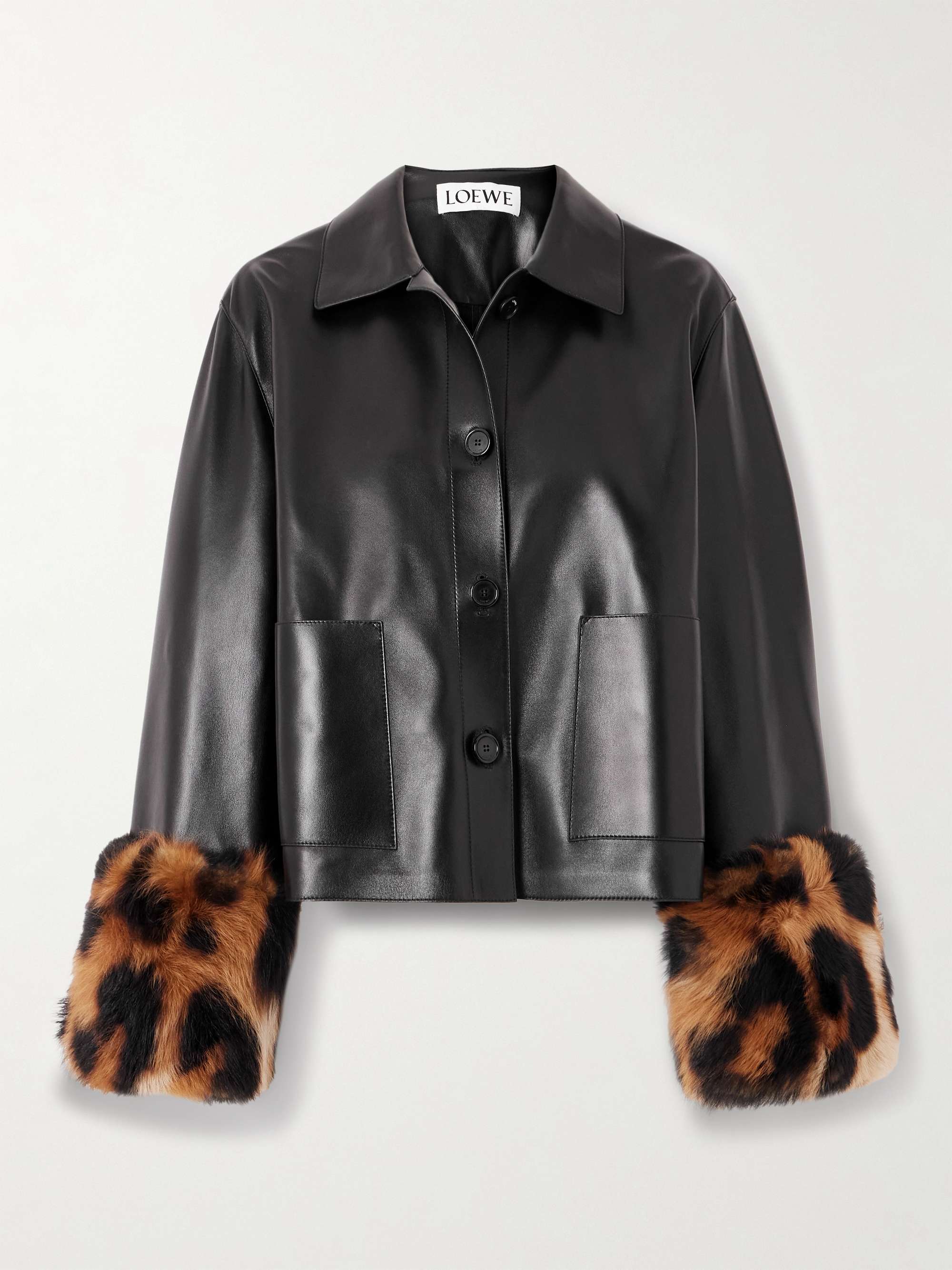Leopard-Print Shearling-Trimmed Glossed-Leather Jacket