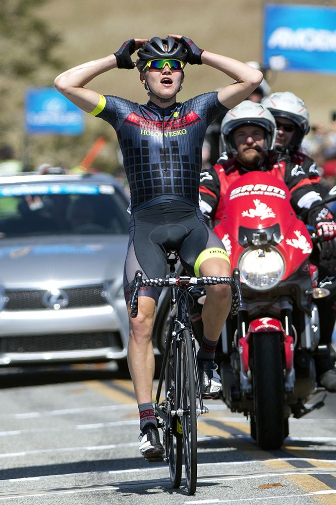 Tom Skujins (Hincapie) celebrates an impressive victory