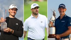 (left) Rasmus Hojgaard holds up the Irish Open trophy, (centre) Thriston Lawrence, and (right) Paul Waring holds up the Abu Dhabi HSBC Championship trophy