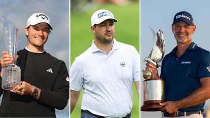 (left) Rasmus Hojgaard holds up the Irish Open trophy, (centre) Thriston Lawrence, and (right) Paul Waring holds up the Abu Dhabi HSBC Championship trophy