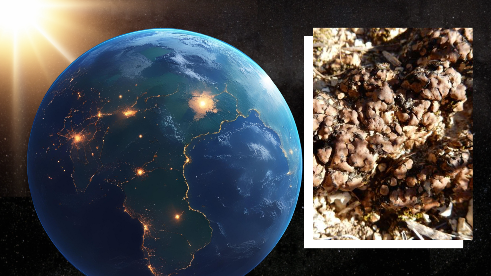 (Main) an illustration of an Earth-like planet (inset) Clavascidium lacinulatum a desrt lichen
