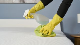 A person wearing rubber gloves uses a spray bottle and a clean cloth to clean the surface of the Emma Elite mattress.