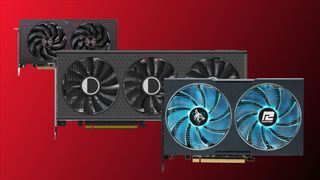 Collection of Radeon RX 7600XT models against a colored background