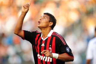 Thiago Silva celebrates after scoring for AC Milan in a friendly against LA Galaxy in 2009.