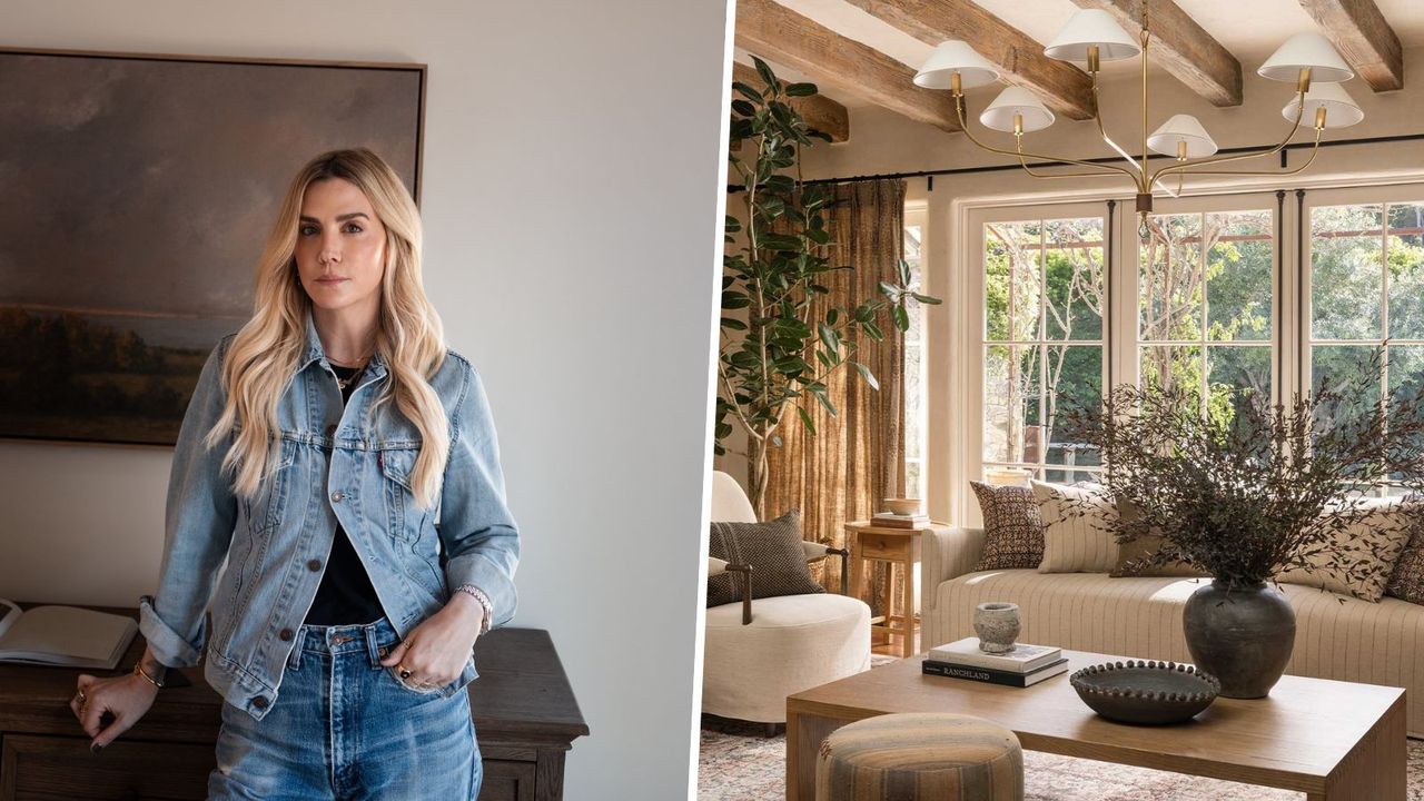 Split image design, Amber Lewis on left, cozy living room lifestyle on right