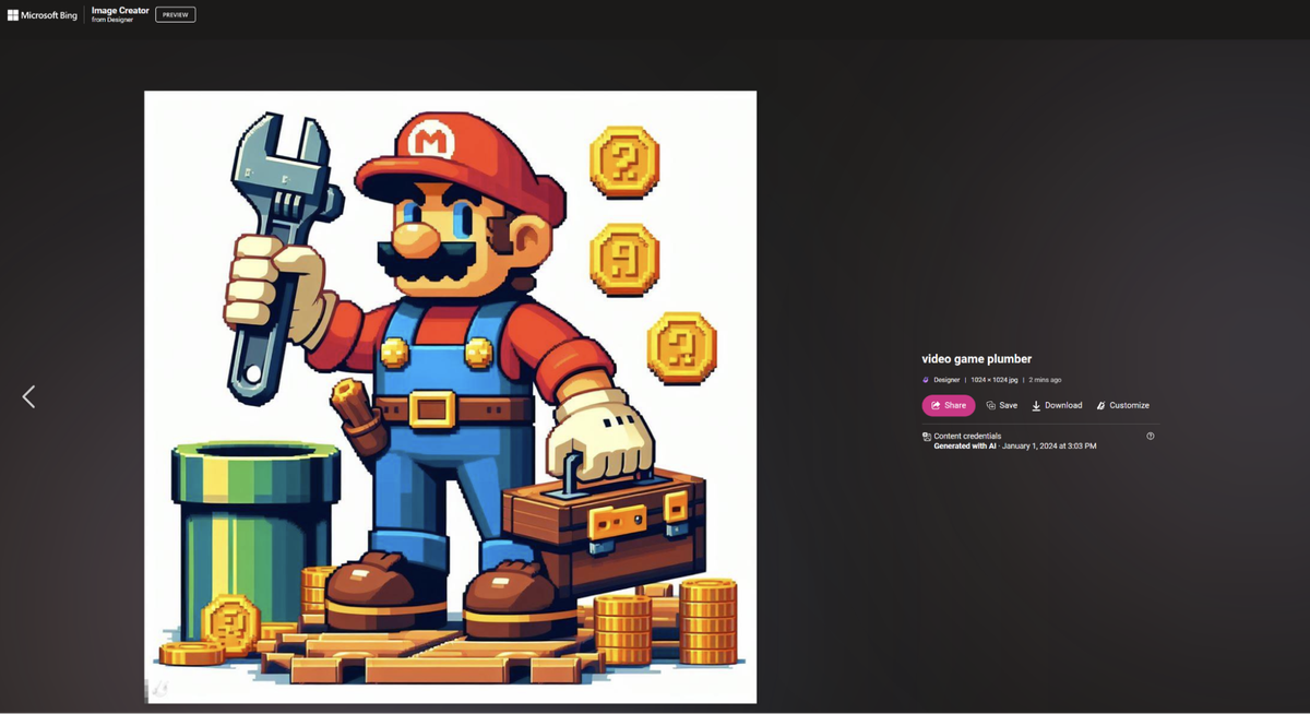 Bing Image Generator response to video game plumber