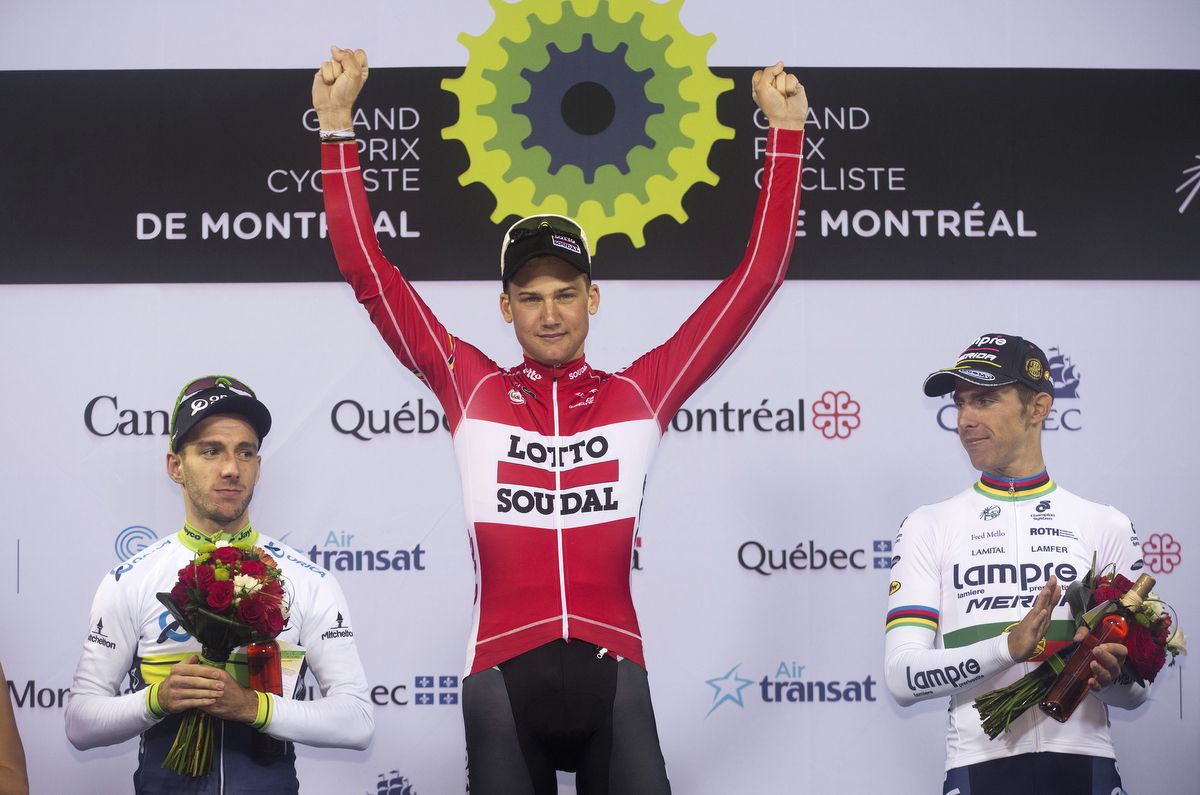 Tim Wellens (Lotto Soudal) on top of the podium with Adam Yates (Orica-GreenEdge) to his left and Rui Costa (Lampre-Merida) on his right
