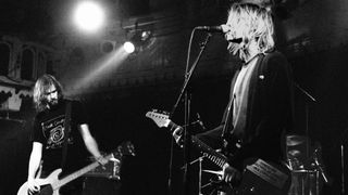 Krist Novoselic (left) and Kurt Cobain, pictured onstage at Paradiso in Amsterdam, Netherlands on November 25, 1991