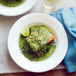 Crispy Salmon with Coconut, Mint and Coriander Sauce and Soba Noodles recipe