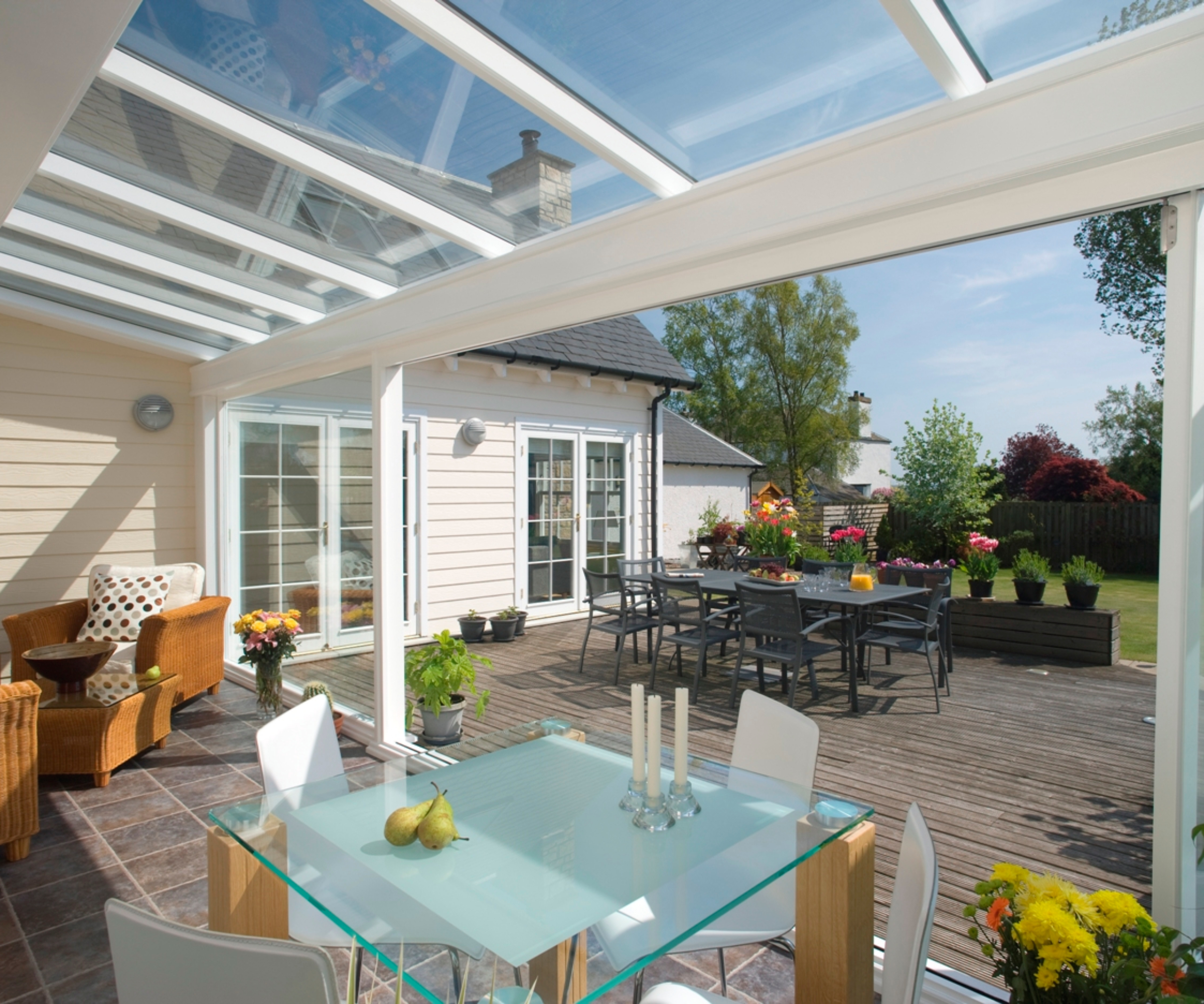 white lean to conservatory with glass roof panels viewed rom the inside