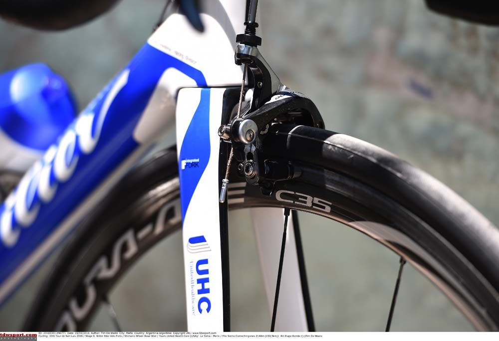 The front brake and fork on Matthew Busche's Wilier Triestina Zero.7