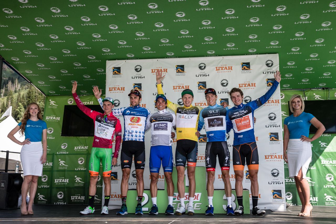The jersey wearers on the stage 6 podium at the Tour of Utah