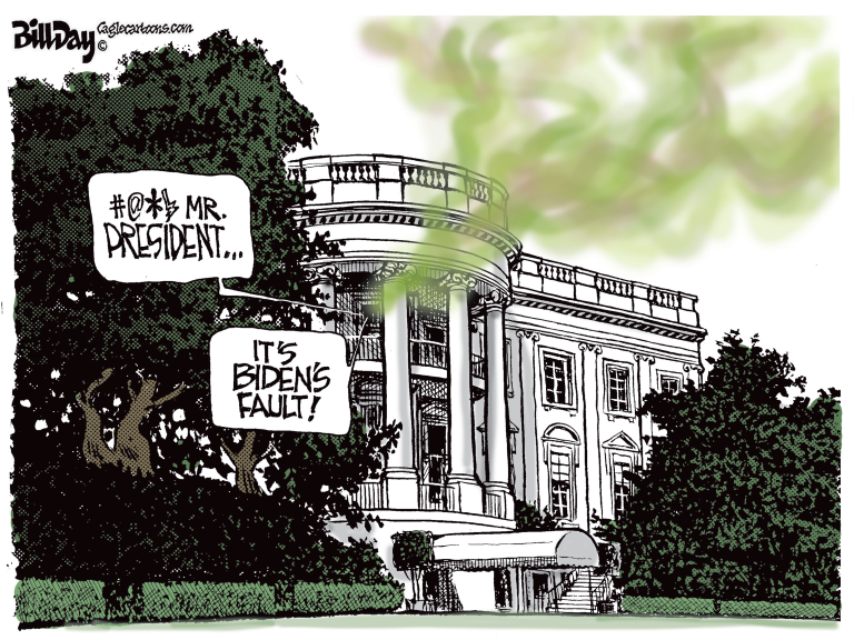 
                                An acrid, thick smoke rises from the White House. One voice cusses and says, "Mr. President..." Another voice responds, "It's Biden's fault!"
                            