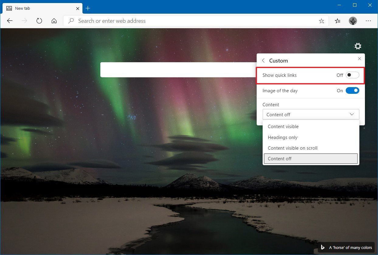 Microsoft Edge customize quick links, background, content settings