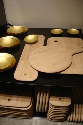 Rectangular, paddle long and circular chop board and bowl set.
