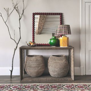 hallway console table with storage mirror and lamp