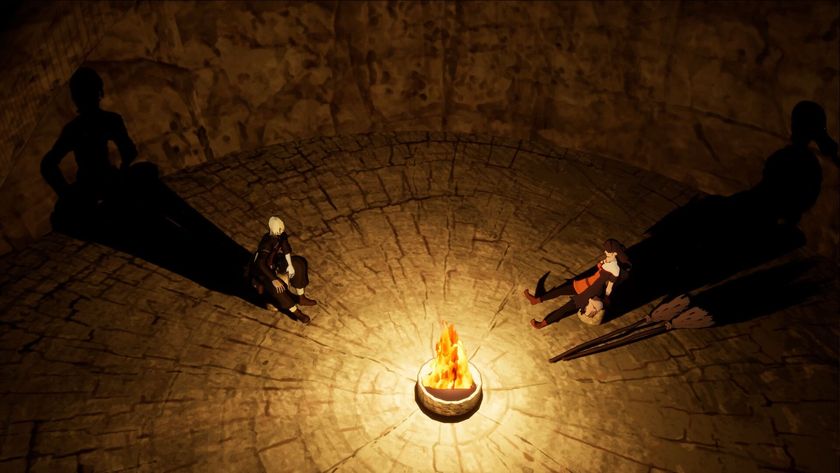 Screenshot of two shadowy figures sitting around a fire in Burggeist.