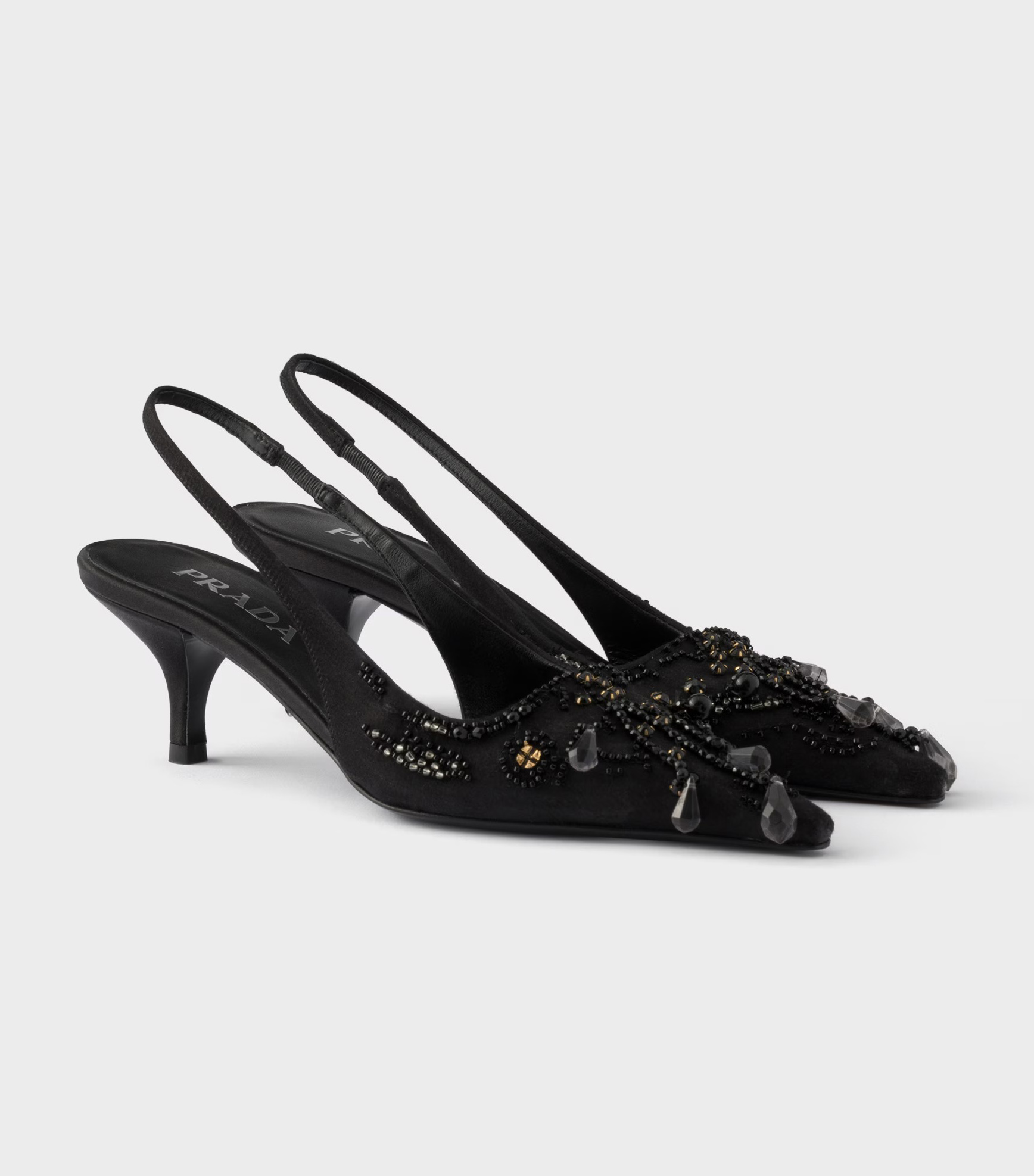 Prada, Embroidered Satin Slingback Pumps in Black