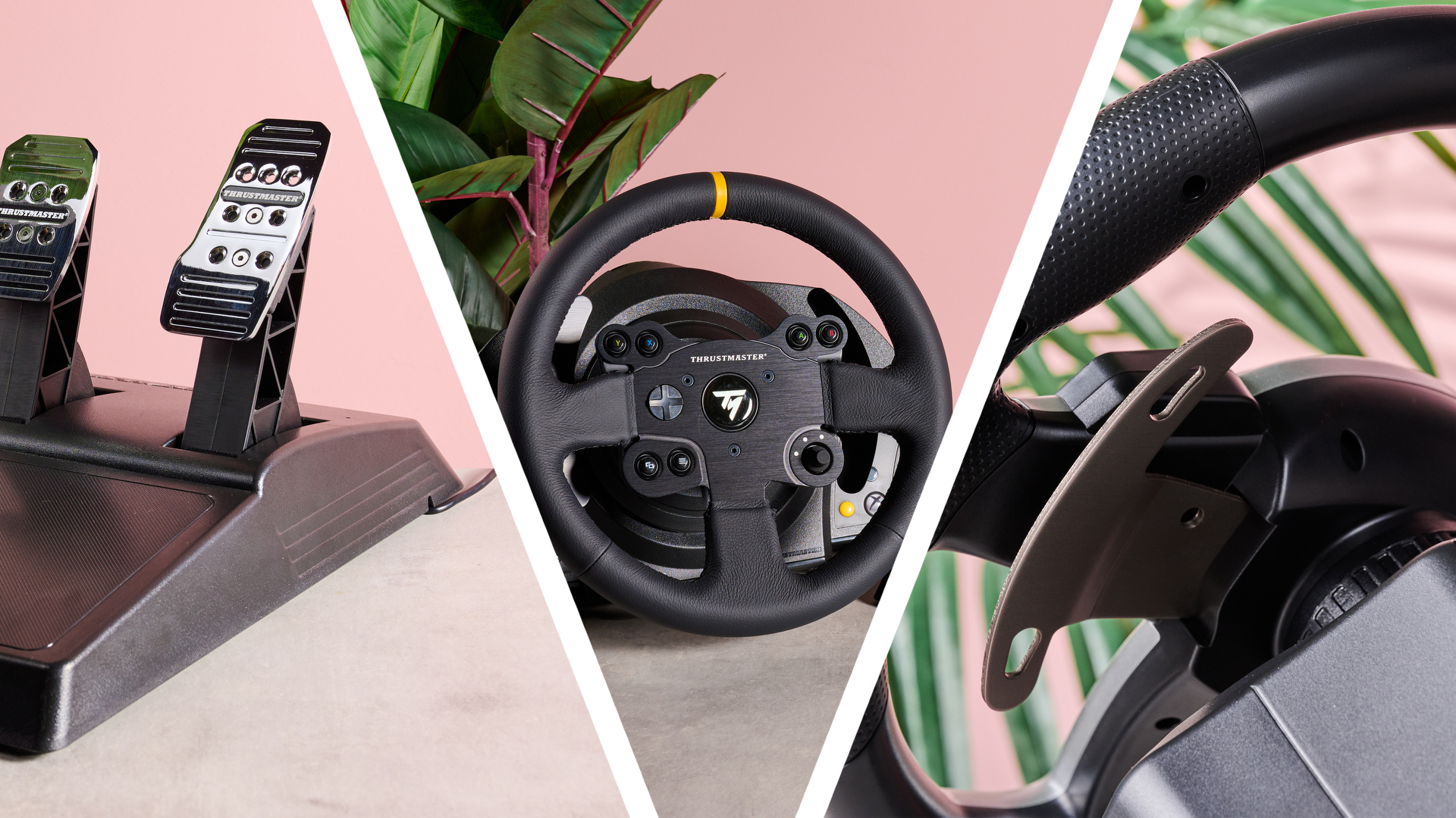 Thrustmaster TX pedal set, Thrustmaster TX racing wheel, and Hori racing wheel in triptych with pink background, divided by white diagonal lines 
