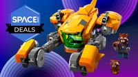 Lego Marvel Guardians of the Galaxy Baby Rocket's Ship 76254 set in front of a purple background next to a Space Deals logo. 