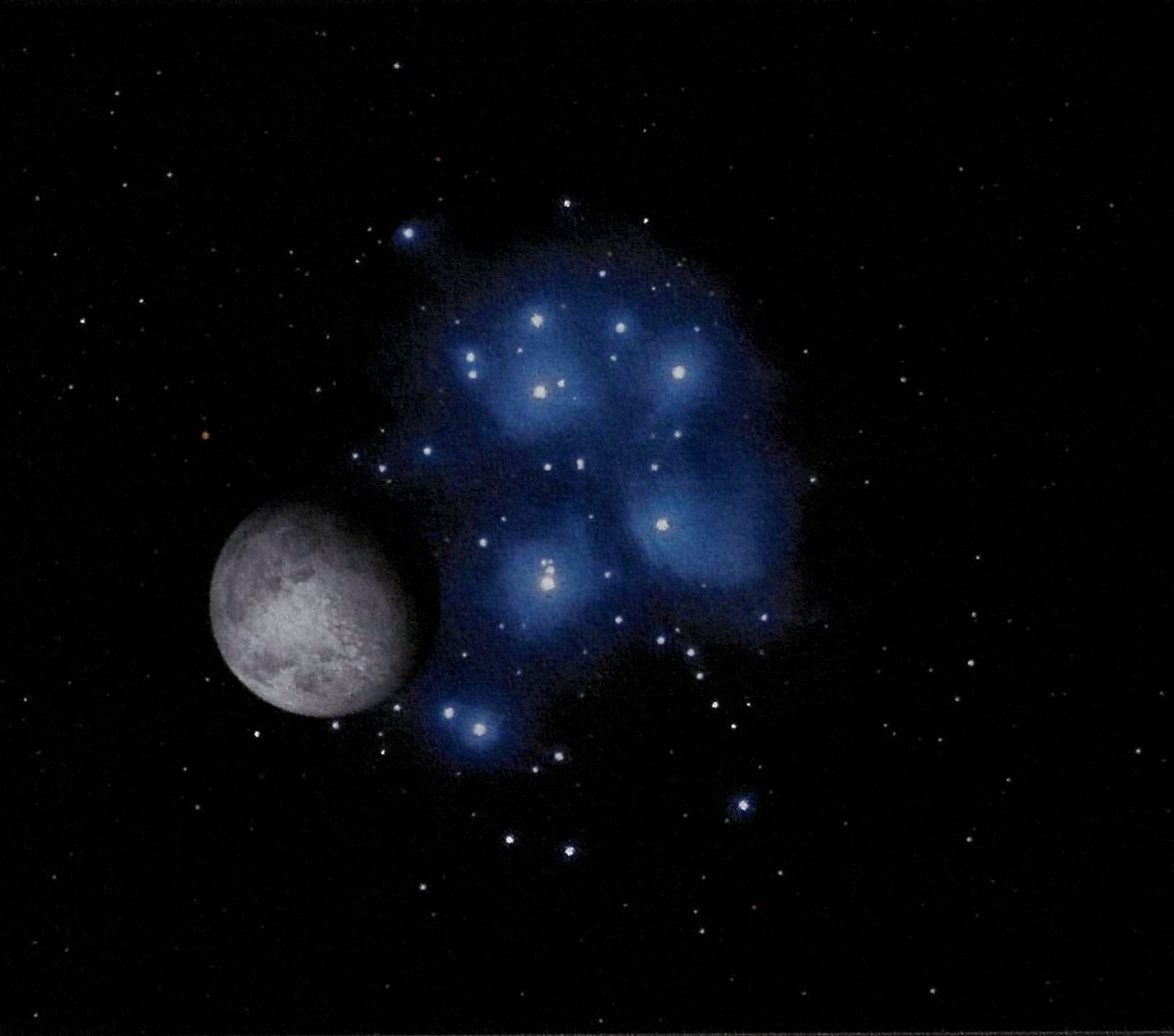 an illustration of the moon in front of a dense group of blue-white stars