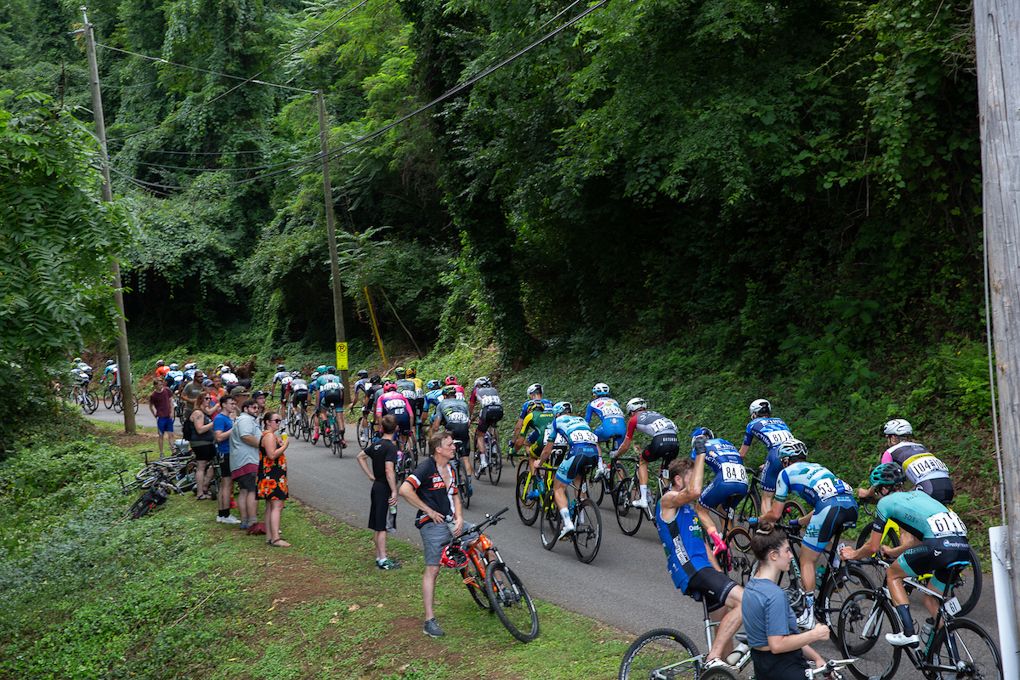 The peloton climbs Sherrod Hill during the 2019 US Pro Road Race