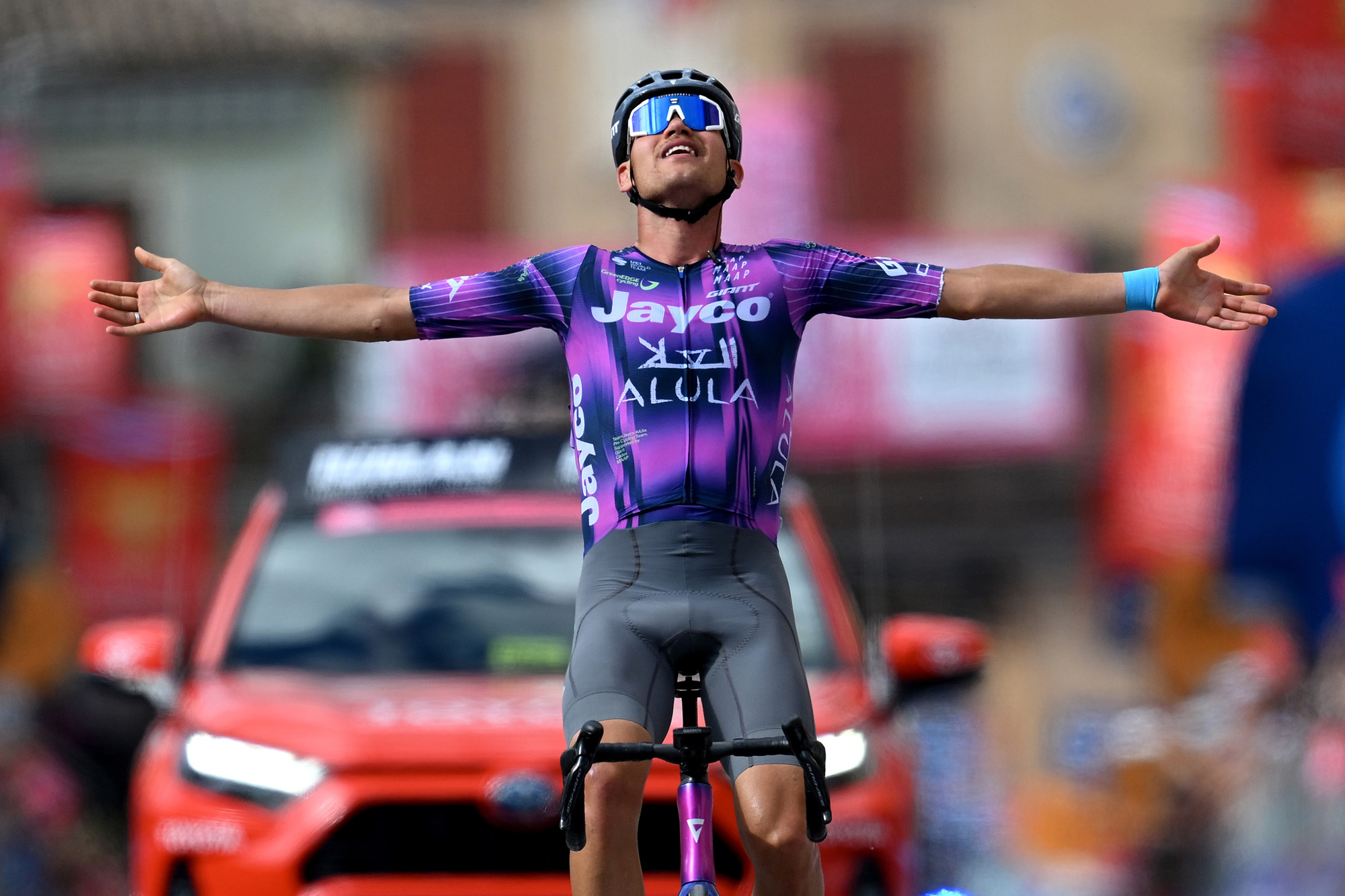 CASTELRAIMONDO, ITALY - MAY 17: Luke Plapp of Australia and Team Jayco AlUla celebrates at finish line as stage winner during the 108th Giro d'Italia 2025, Stage 8 a 197km stage from Giulianova to Castelraimondo / #UCIWT / on May 17, 2025 in Castelraimondo, Italy. (Photo by Tim de Waele/Getty Images)