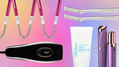 Best Facial Hair Removal Devices including tweezerman and razor on a pink gradient background
