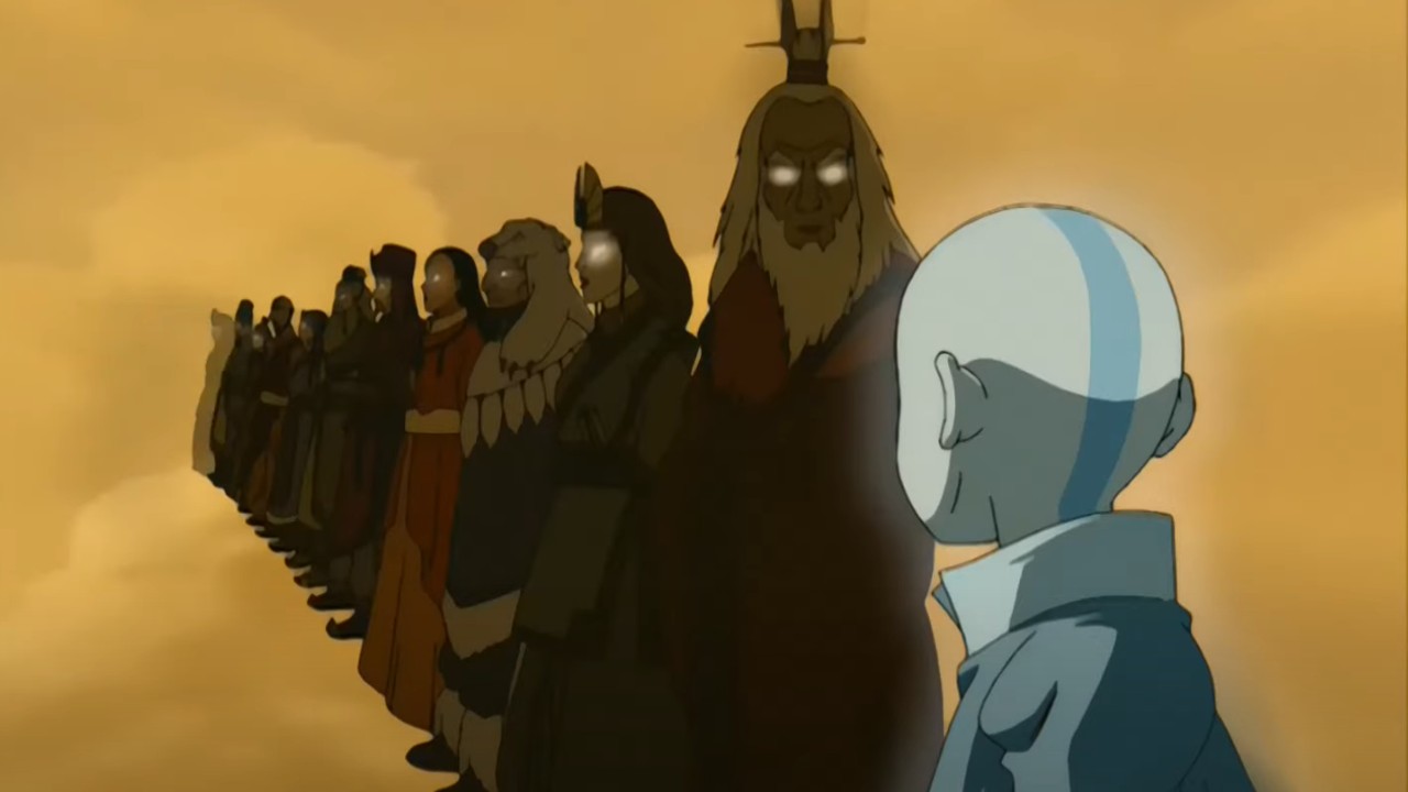 Aang looking at all the Avatars behind him.
