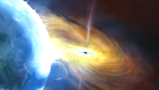 An artist's impression of a black hole sucking in a cloud of hydrogen gas. 