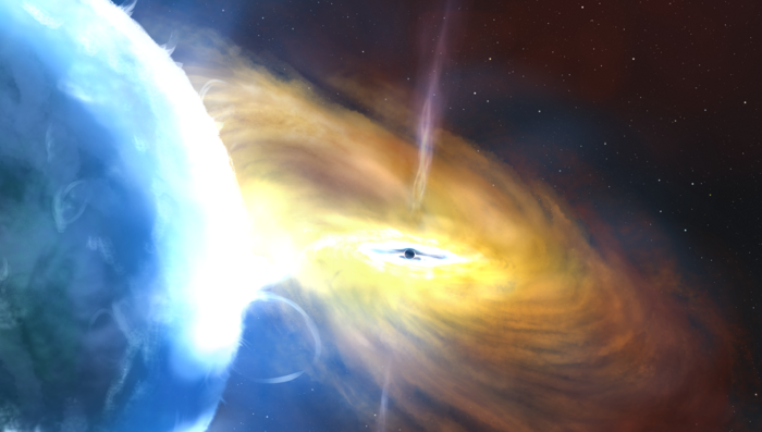 An artist&#039;s impression of a black hole sucking in a cloud of hydrogen gas. 