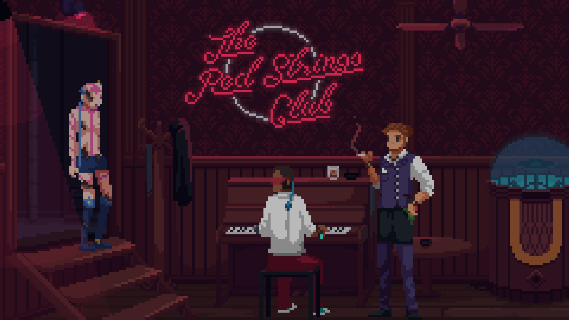 In pixel art style, the inside of a club has a neon sign that reds The Red Strings Club over a piano. A black man, Brandeis, sits playing and is looking to the entrance at the left. There's a humanoid robot with shorts and knee length boots standing. They have a wire from their head going into their back. They have purple stripes over their forehead and arms. To Brandeis's right is Donovan, a white man with brown hair in a bun. He's smoking and watching.