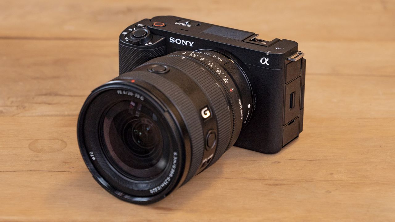 The Sony ZV-E1 camera sitting on a wooden table