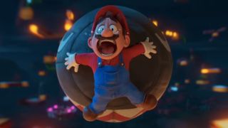Mario tearfully streaking through the air on a Bullet Bill in The Super Mario Bros. Movie.