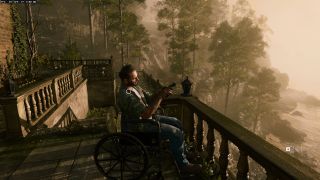 Frank Woods sits on the balcony of the safehouse and cleans his weapon in the Black Ops 6 campaign.