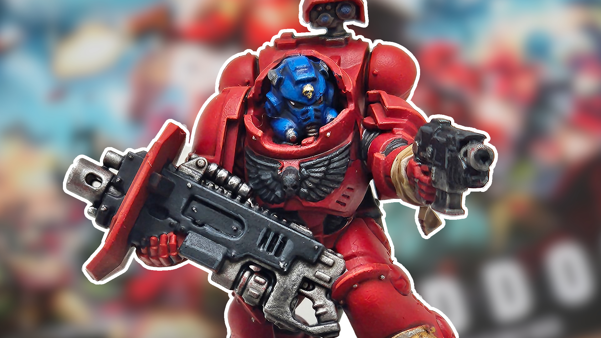 A Warhammer 40K Armageddon space marine levels a boltpistol into the foreground
