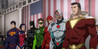 Superman, Wonder Woman, Batman, Green Lantern, The Flash, Cyborg, and Shazam in Justice League: War