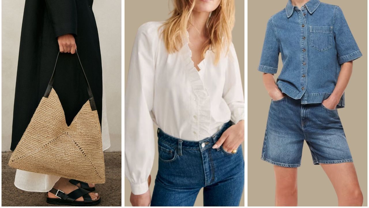 trio of images, first a woman holding raffia bag, second woman wearing white shirt, third woman in shorts and denim shirt