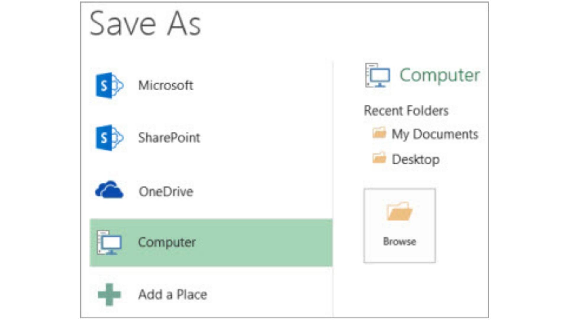 The Save As menu in the Microsoft Excel interface