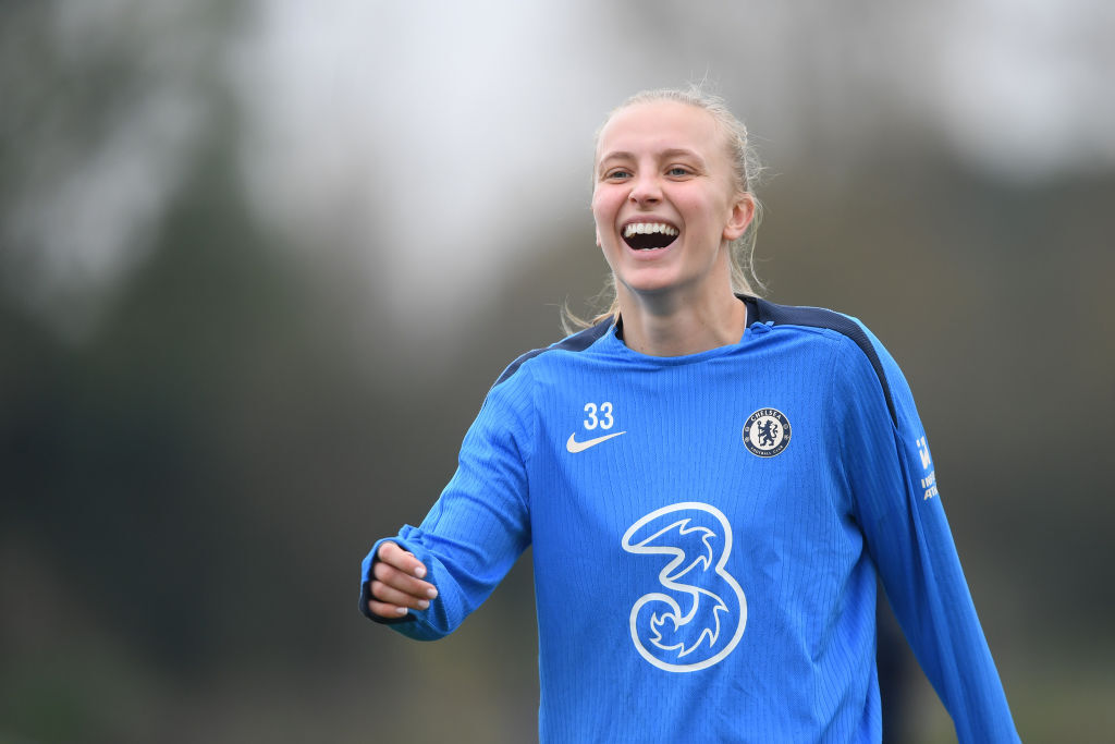 Aggie Beever-Jones of Chelsea reacts during a Chelsea FC Women's Training Session at Chelsea Training Ground on November 01, 2024 in Cobham, England.