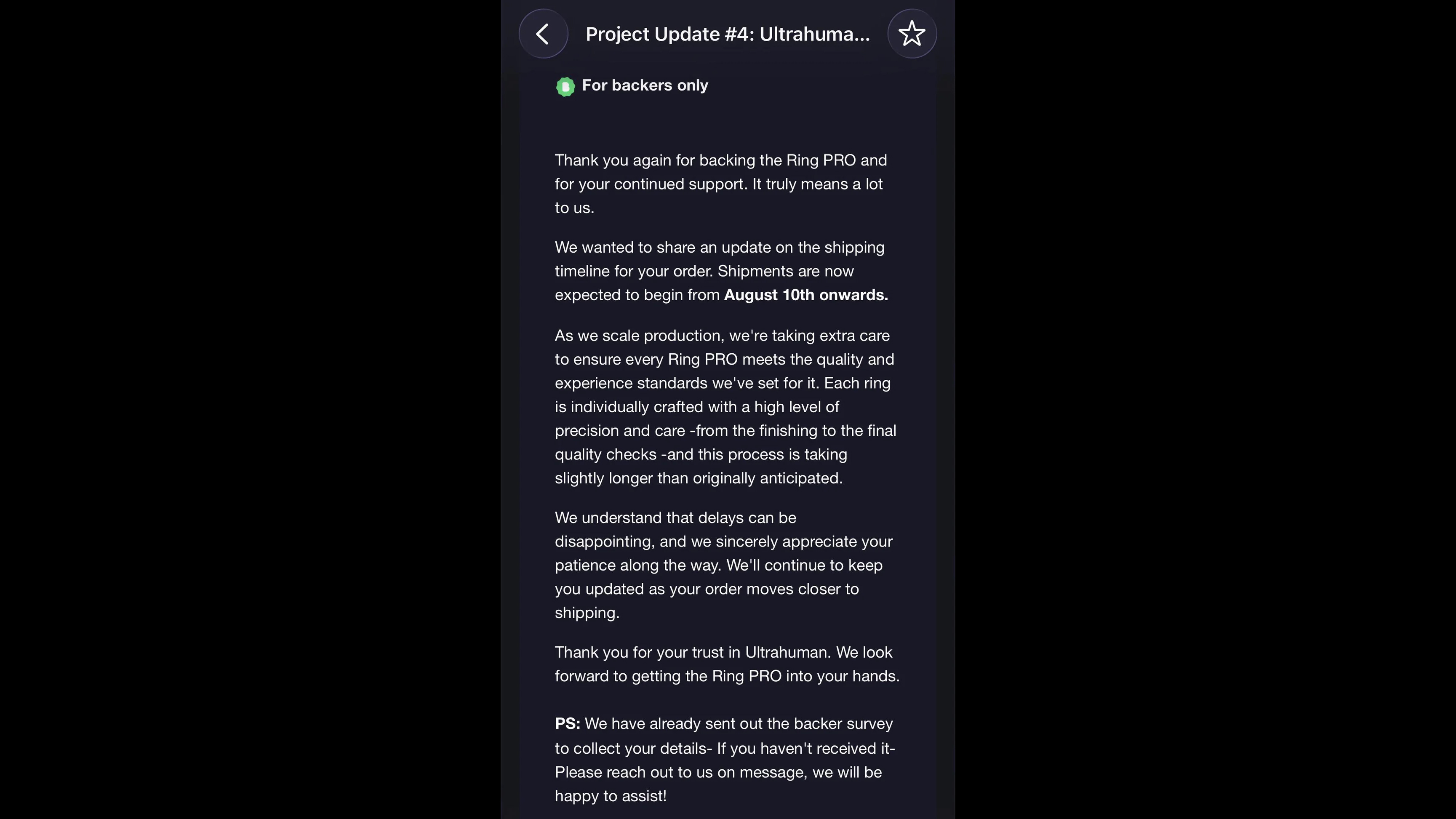 Ultrahuman Ring Pro Kickstarter backers were sent this message