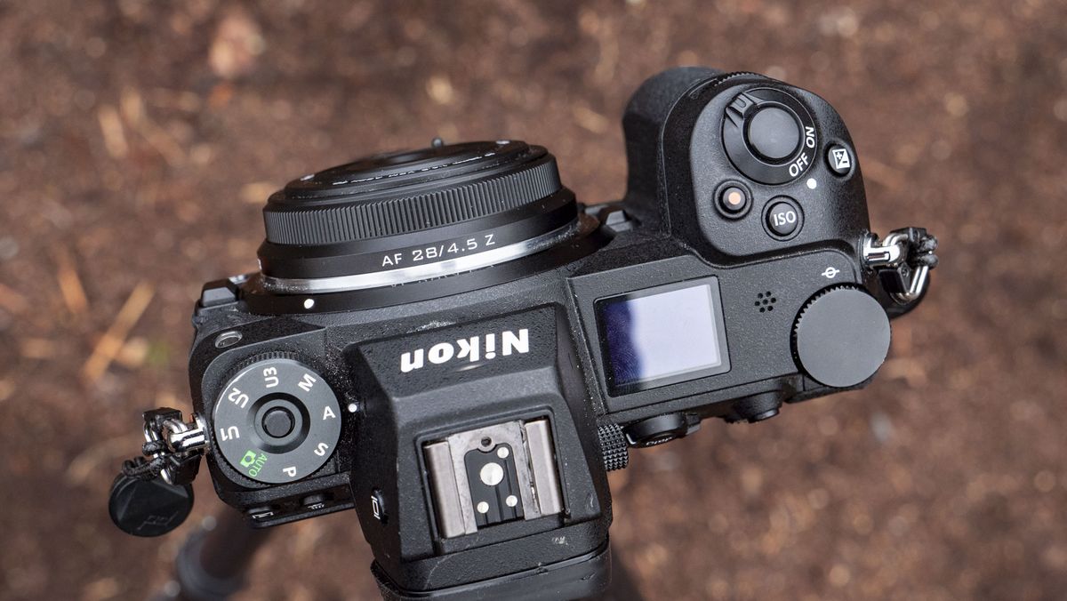 Viltrox AF 28mm f/4.5 body cap lens mounted to a Nikon mirrorless camera, outdoors in open nature